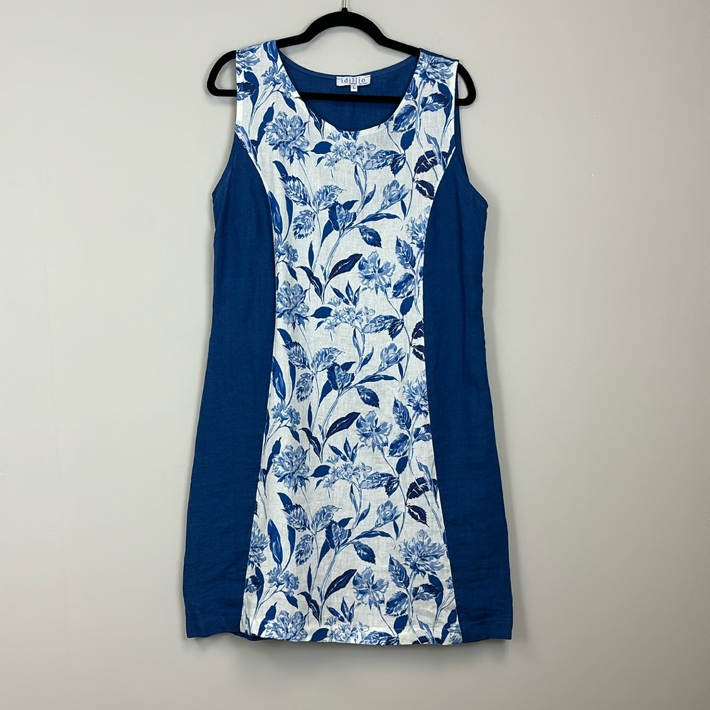 Idillio Positano Blue Floral Linen Dress Sleeveless Made In Italy Large